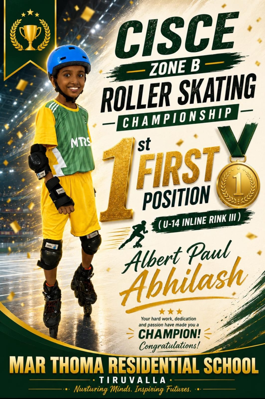 Albert Paul Abhilash Secures First Position at CISCE Zone-B Roller Skating Championship