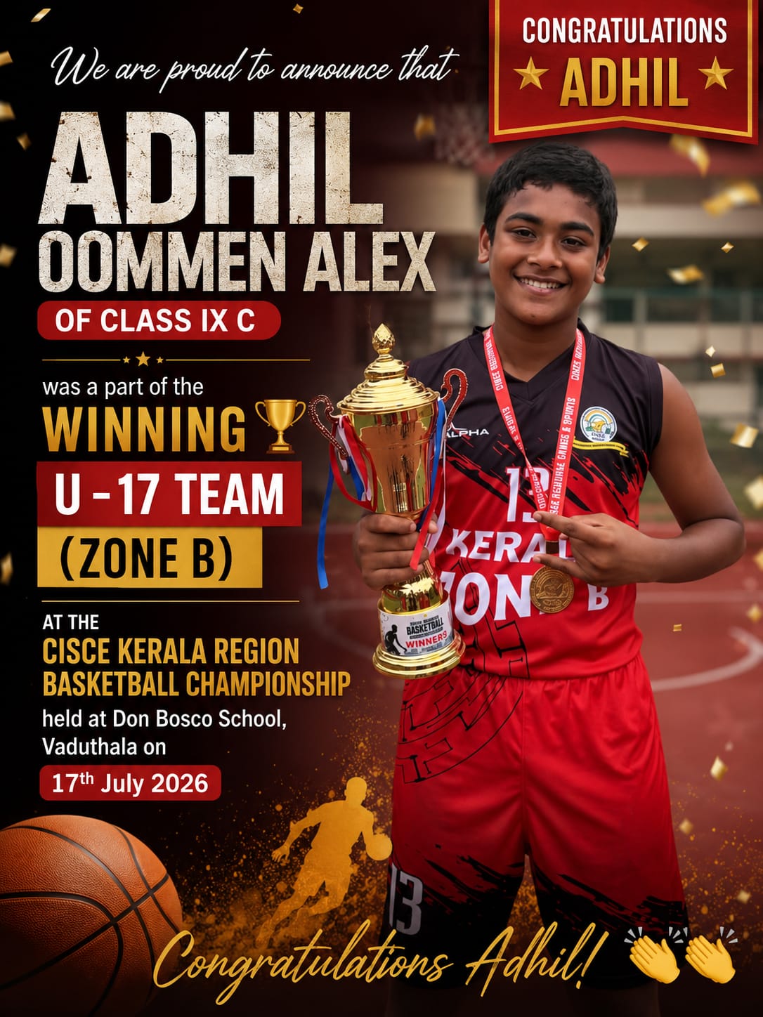 Adhil Oommen Alex Helps U-17 Team Win CISCE Kerala Region Basketball Championship